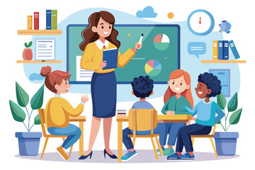Poster - A woman conducts home education training, engaging young learners with interactive materials and fostering a collaborative learning atmosphere