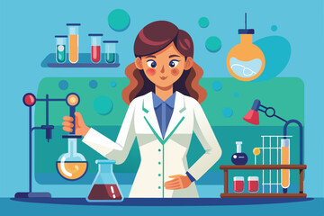 Poster - A woman in a suit mixes chemicals in a laboratory, surrounded by various glassware and equipment, engaged in scientific research