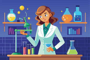 Poster - A woman in a suit is performing a chemistry experiment in a well-equipped laboratory, surrounded by various glassware and scientific instruments