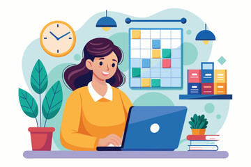 Poster - A woman is focused on organizing work schedules using her laptop in a bright and cheerful home office environment
