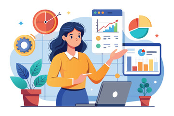 Wall Mural - A woman analyzes and presents statistical data, gesturing towards visual graphs and charts while seated at a laptop in a bright office environment