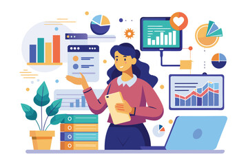 Poster - a woman presents and interprets statistical data using visual aids in a contemporary office environm