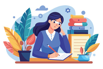 Poster - A woman is focused on her thesis, writing notes at her desk, surrounded by colorful stacks of books and vibrant plants, showcasing her scholarly environment
