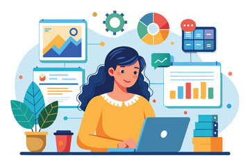 Canvas Print - A woman focuses intently on a laptop, managing data and analyzing graphs amid colorful visuals and office supplies on her desk