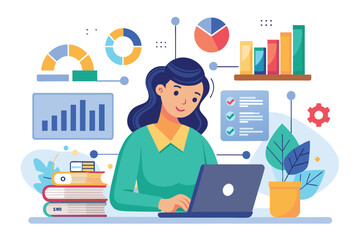 Poster - a woman works intently on a laptop, managing data and analyzing graphs in a colorful, modern office 