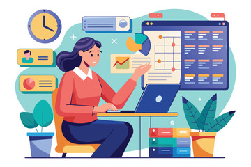 Poster - A woman is focused on conducting scheduled data control tasks at her desk with a laptop and organized materials nearby
