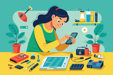 Poster - A woman focuses on repairing a cellphone while seated at a well-organized workbench filled with various tools and equipment