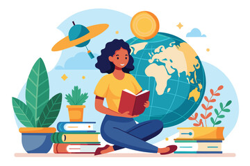 Poster - A woman enjoys reading a book while surrounded by a globe, plants, and stacks of books in her inviting study nook