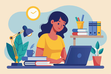 Poster - a woman diligently works on her laptop at a desk filled with books, plants, and study materials, ind
