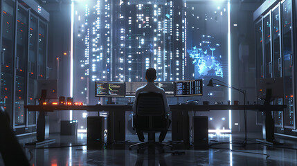 A male IT worker sits at his desk in front of computer monitors and looking computer screen, seen from behind and looking over the of an AI system that processes data on monitor displaying code
