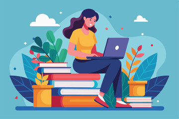Poster - a woman engages with her laptop while seated on vibrant stacks of books, surrounded by leafy plants 