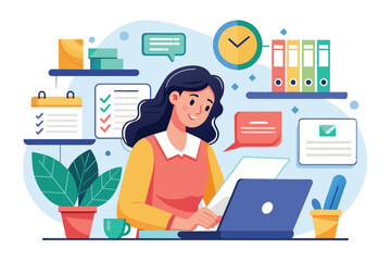 Poster - A woman is focused on reviewing company documents while working on her laptop in a bright and organized office space