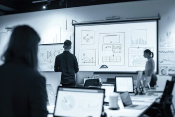Poster - A group of individuals gathered around a whiteboard, likely engaged in a meeting or brainstorming session