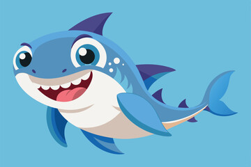 Poster - A cheerful, blue baby shark swims happily through a bright ocean, showcasing cartoon features and a friendly smile