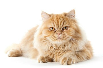 Aufkleber - A domestic cat lying down on a white background, with soft fur and a relaxed expression