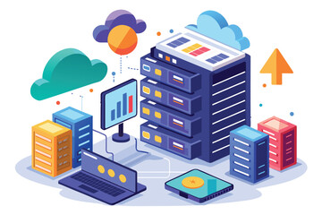 Aufkleber - A modern data backup server setup is depicted, complete with cloud visuals and monitoring graphs, showcasing data management and storage solutions
