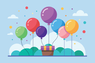 Poster - Vibrant balloons hover above a beautifully wrapped gift, creating a festive atmosphere on a bright and cheerful day