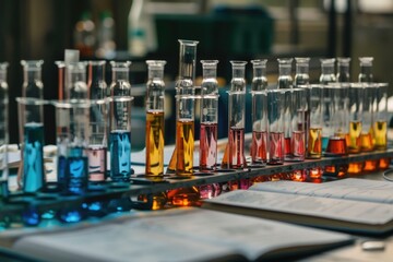 Poster - A collection of laboratory glassware filled with vibrant chemicals