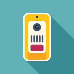 Poster - Illustration of a yellow intercom system hanging on a teal wall, providing security and communication
