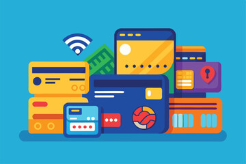 Aufkleber - A vibrant assortment of bank credit card icons displayed against a bright blue backdrop, showcasing various designs and features in a digital context