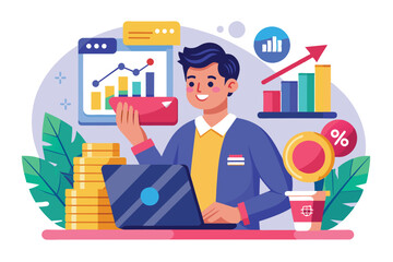Poster - A bank employee reviews credit card trends while seated at a desk, surrounded by charts, graphs, and stacks of coins