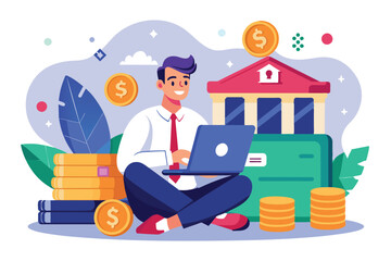 Poster - A bank worker sits cross-legged, using a laptop amidst stacks of coins and a credit card tree, focused on financial tasks in a bright environment