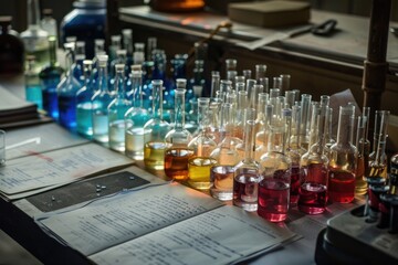 Aufkleber - A collection of colorful liquids on a table, great for illustrating chemical reactions or science concepts
