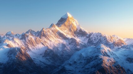 Wall Mural - snow-capped mountain peaks illuminated by sunrise in a clear sky over a serene landscape