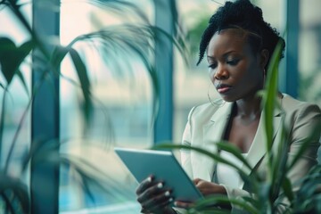 Aufkleber - A woman sits at a table using a tablet computer