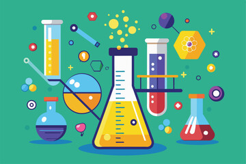 Poster - Various colorful beakers and lab equipment are filled with liquids, showcasing a lively chemistry experiment in a bright, engaging laboratory