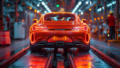 Wall Mural - A red sports car is lit up with neon lights. The car is on a track, and it is in the process of being built