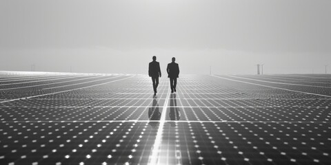 Poster - Two men stand on the edge of a large solar panel installation, overlooking the landscape