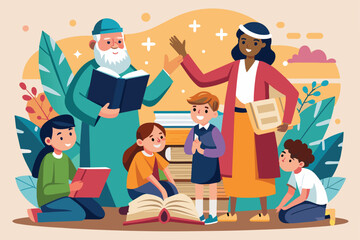 Poster - Children eagerly learn from a wise teacher amidst books and lush greenery in a vibrant educational environment