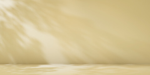 Poster - Beige minimalist studio for product presentation. Empty room with shadows of tree leaves. 3d room background with copy space. 3d render illustration