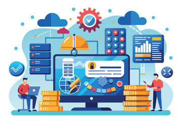 Poster - professionals analyze big data trends using technology to improve management strategies and drive bu