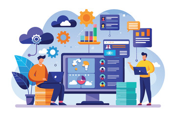 Poster - two professionals engage with laptops, focusing on big data management insights while surrounded by 