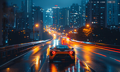 Canvas Print - A car is driving down a wet road in a city at night.