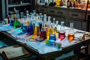 Poster - A laboratory table filled with various colorful liquids, suitable for science and education projects