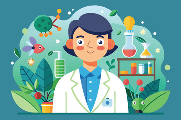 Poster - A biologist actively engages in research within a vibrant lab filled with plants and colorful scientific apparatus, showcasing a love for nature and science