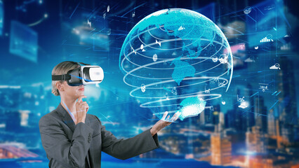 Wall Mural - Woman looking finance big data dynamic rotating dynamic world screen by VR future global market innovation interface digital infographic network technology virtual hologram at building. Contraption.