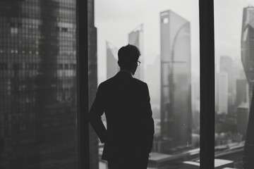 Poster - A person stands in front of a window, gazing out at the city
