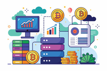 Poster - a digital representation of bitcoin data management featuring servers, charts, and cryptocurrency co