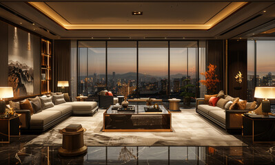 Wall Mural - A large living room with a view of the city. The room is decorated with a lot of furniture and has a modern design