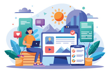 Poster - A person is working on a laptop in a vibrant blogging space, surrounded by plants, digital devices, and colorful chat bubbles under a sunny sky