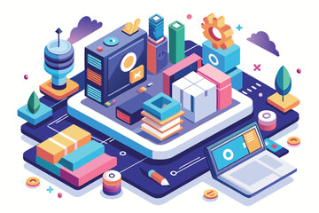 Poster - a colorful isometric illustration showcasing blogging elements, digital devices, books, and tools in