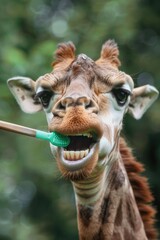 Canvas Print - A giraffe holding a toothbrush, possibly brushing its teeth