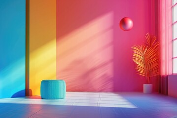 Poster - A bright and cozy room featuring a blue pouf and a pink wall, ideal for interior design or lifestyle photography