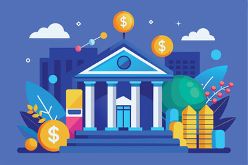 Poster - A vibrant blue vector showcases a bank surrounded by coins, trees, and buildings, symbolizing investment and financial growth