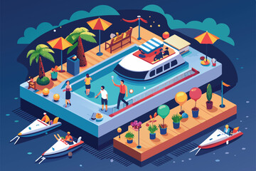 A lively boat party takes place at a marina with guests enjoying the sun, swimming, and socializing amidst colorful decorations and palm trees