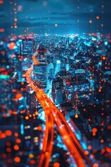 Poster - Aerial view of a city at night with bright lights and buildings